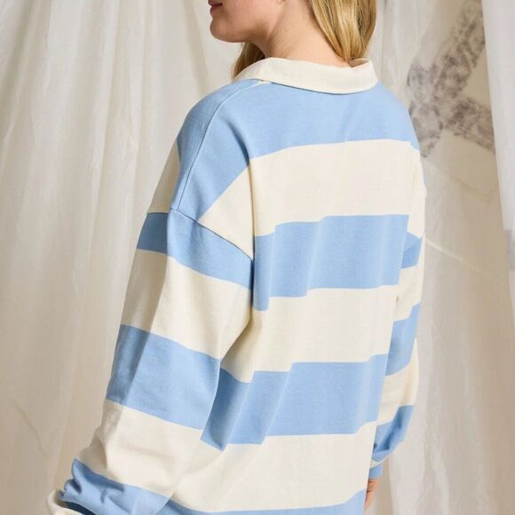 Altar'd State Landon Rugby Stripe Polo Blue/Ivory Roomy Relaxed fit, Sz M/L - Picture 3 of 15